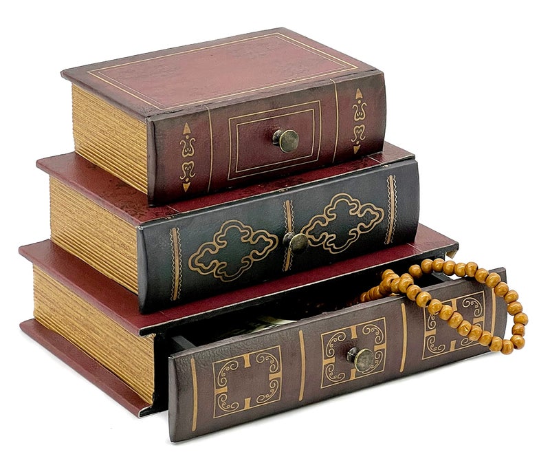 Bellaa 28076 Book Box with Drawers Hidden Storage Trinket Keepsake Decorative Bookends Vintage Antique Flux Leather Wood Organizer Retro Farmhouse Boho Home Decor - Image 2
